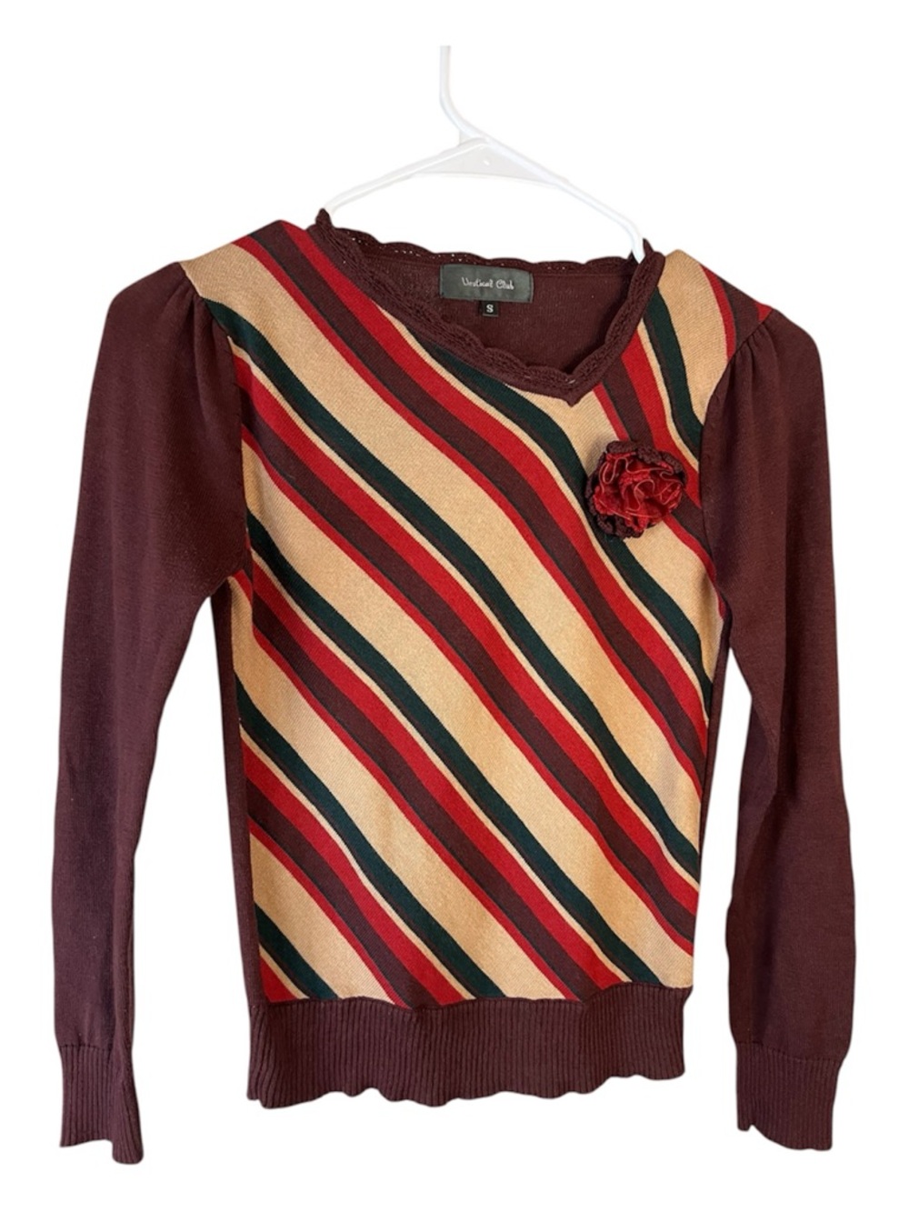 Vertical Club Vtg Retro Diagonal  Striped Sweater Brown Beige, Red & Dark Green